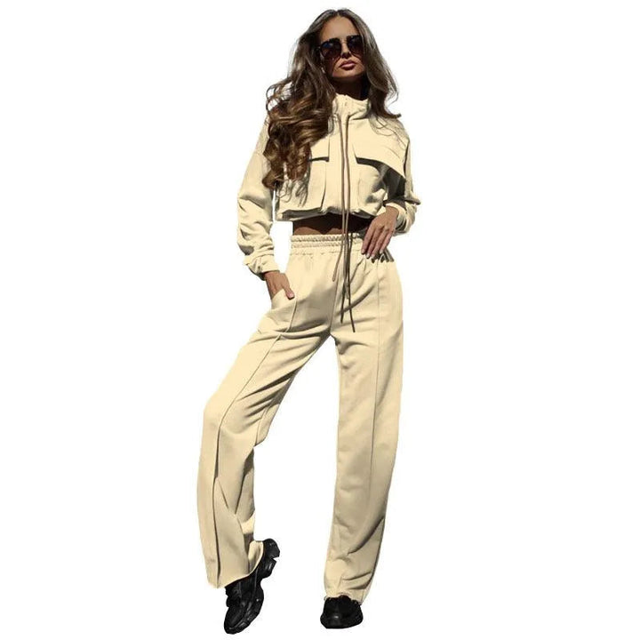 Levoire | Set, composé d'un pantalon décontracté et d'un haut avec fermeture éclair et cordon, avec des manches longues Abricot