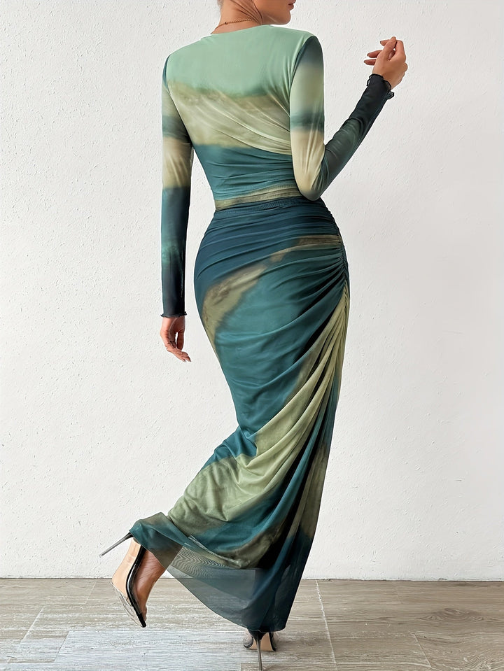 Levoire | Robe Maxi Froncée Et Ajustée Avec Motif Tie-Dye, Élégante Robe À Manches Longues Avec Encolure Ronde Pour Le Printemps Et L'Automne, Vêtements Femme
