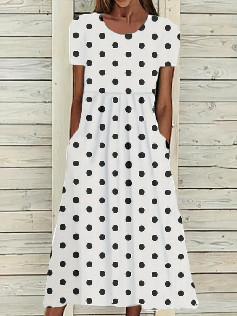 Levoire | Robe Courte À Manches Courtes, Légère, À Pois Avec Col Rond Blanc