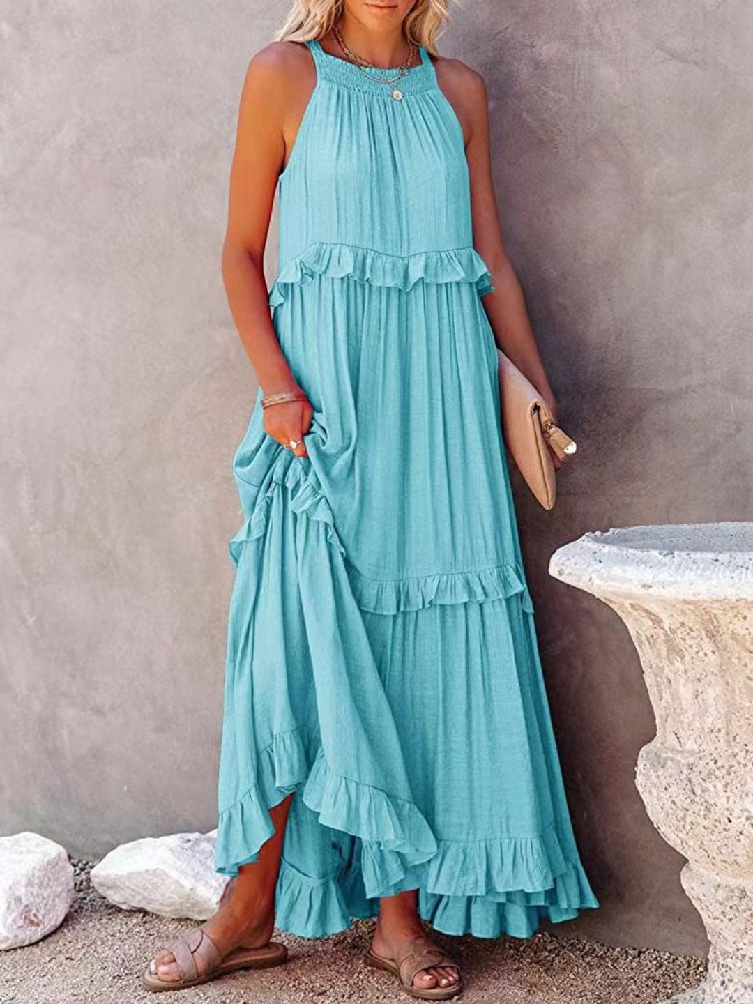 Levoire | Robe maxi sans bretelles avec volants Bleu ciel