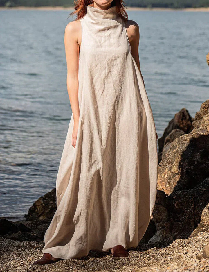 Levoire | Robe Maxi Volants En Lin Avec Col Montant Et Décolleté Dans Le Dos