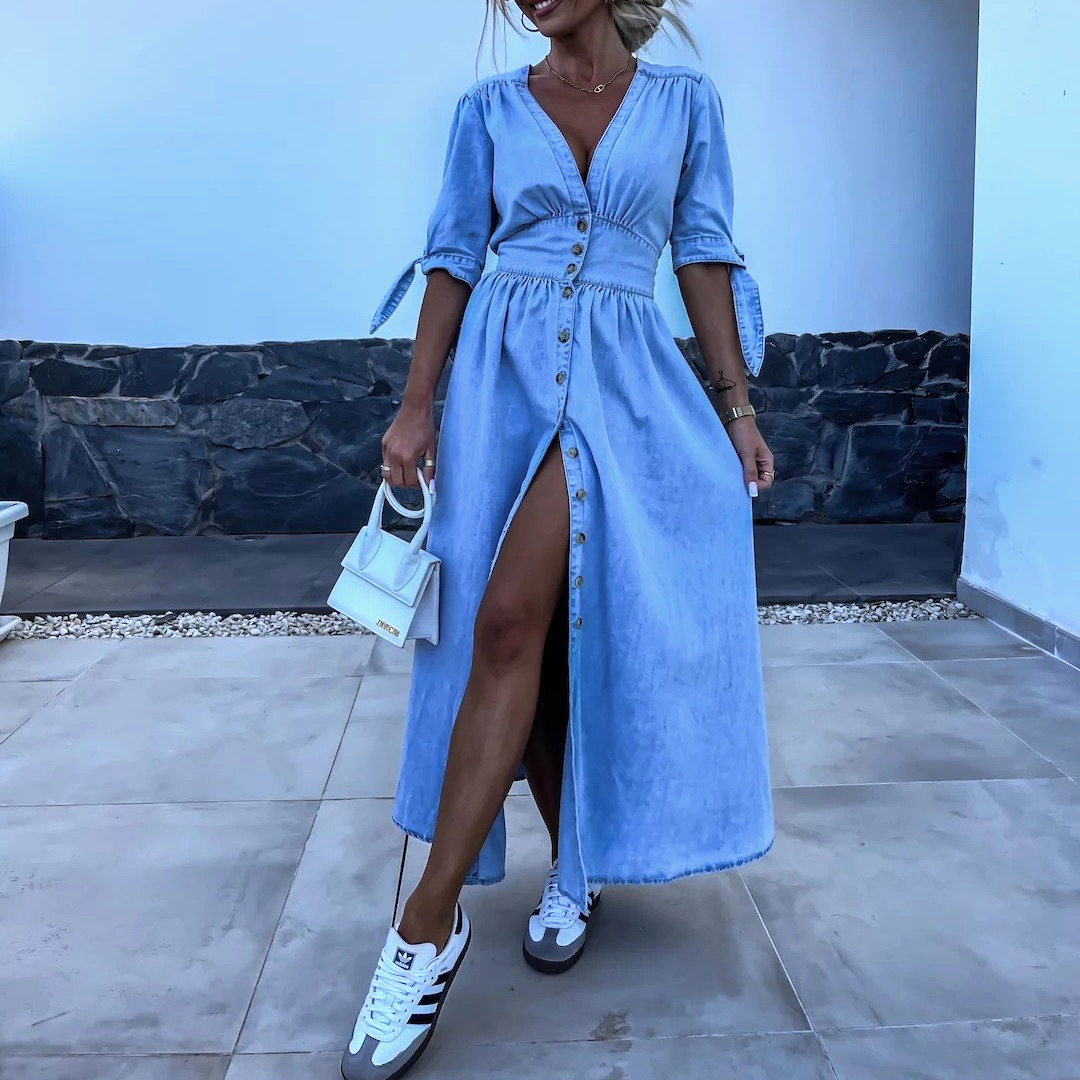 Levoire | Longue Robe En Chambray Avec Fente Avant Bleu