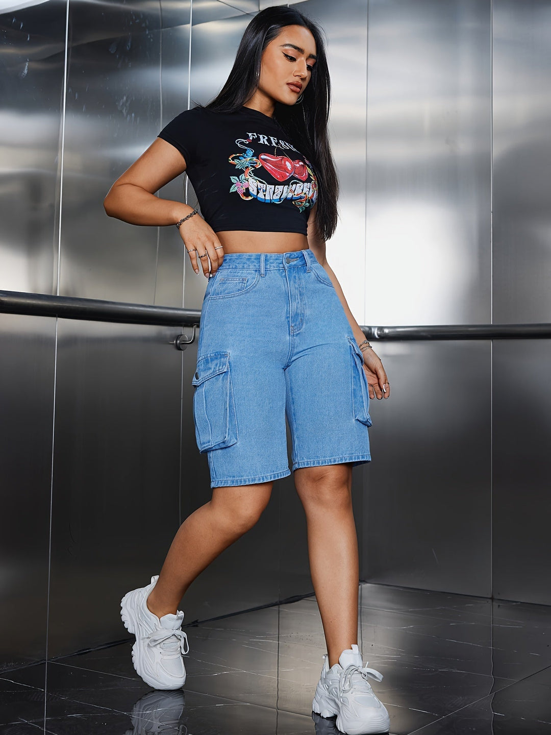 Levoire | Bermuda Cargo Shorts En Denim Épais À Taille Haute Bleu