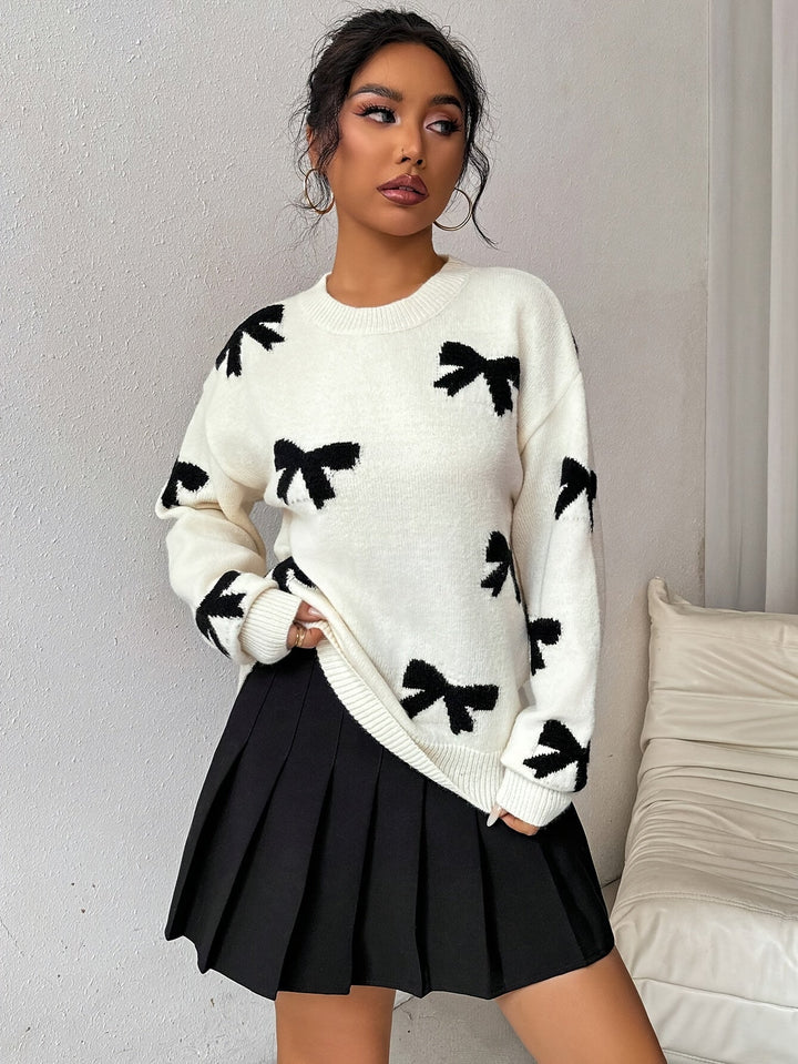 Levoire | Pull à motifs courbés en tricot à col rond à manches longues 2XL