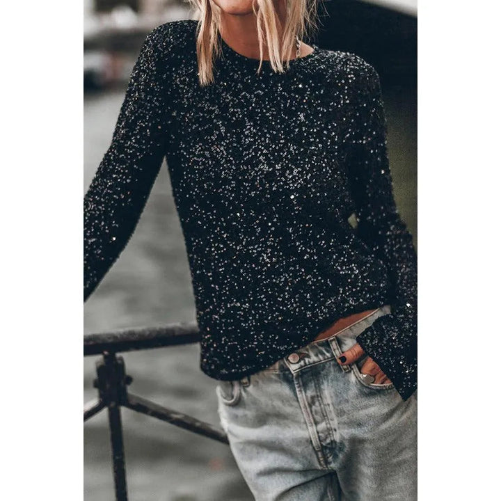 Levoire | Blouse à col rond en sequins à manches longues Noir