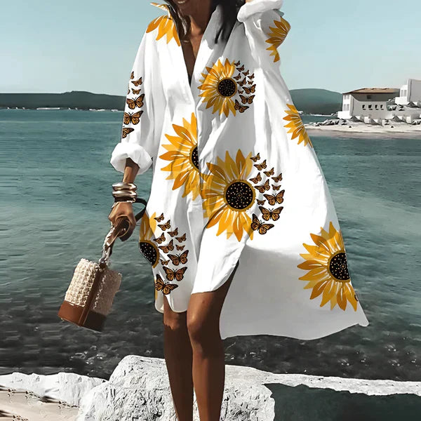 Levoire | Robe Chemise Oversize Avec Imprimé De Tournesols Pour Femmes Blanc