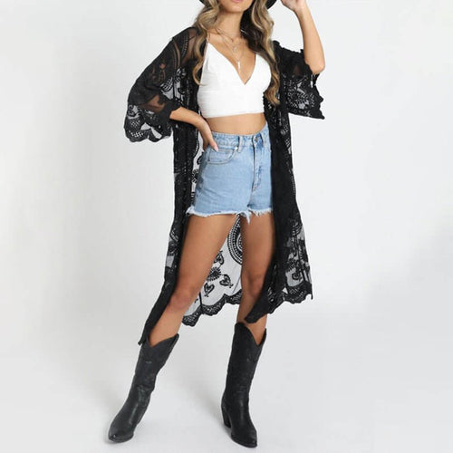 Levoire | Bikini à pointes brodé et cardigan en filet cape de plage
