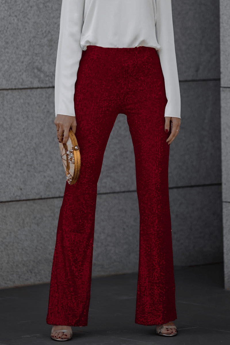 Levoire | Chic automnal taille haute paillettes femmes pantalon évasé Vin rouge