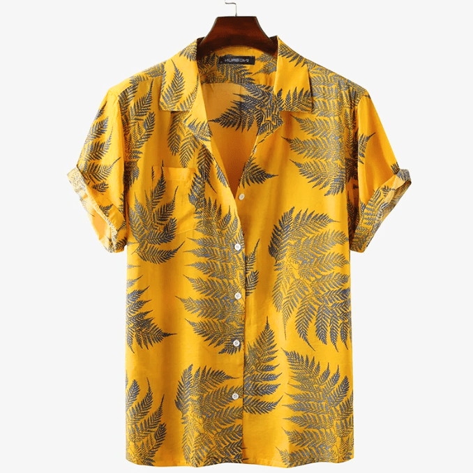 Levoire | Chemise à motifs de palmiers pour hommes Chemise à manches courtes Design tropical unique Jaune