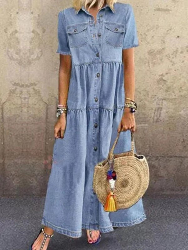 Levoire | Style denim européen et américain robe longue à multiples boutons déchirée Bleu clair