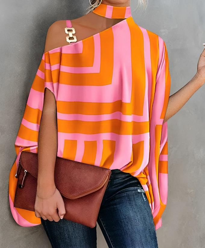 Levoire | Blouse À Manches Courtes Sans Épaules Colorée Orange-rose rayé