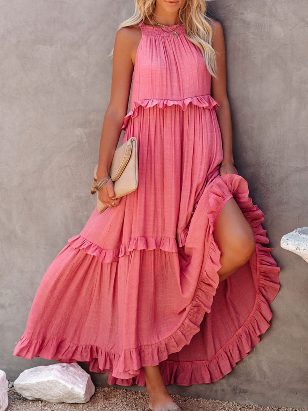 Levoire | Robe maxi sans bretelles avec volants Corail rôti