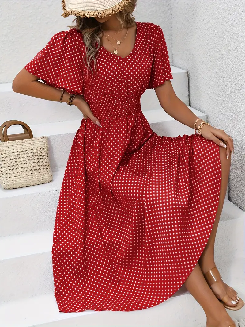 Levoire | Robe Taille Froncée Imprimée sur Toute la Surface, Robe Décontractée à Manches Courtes Rouge