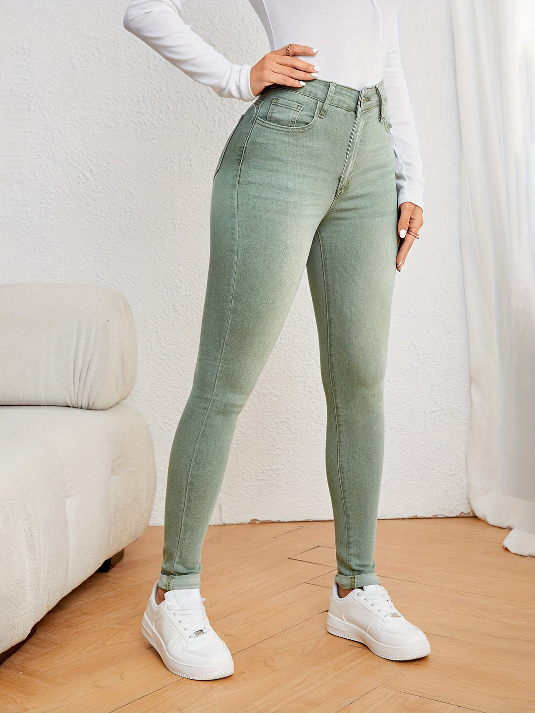 Levoire | Vert Olive Jeans Slim Fit Taille Haute Denim Élastique Couleur matcha