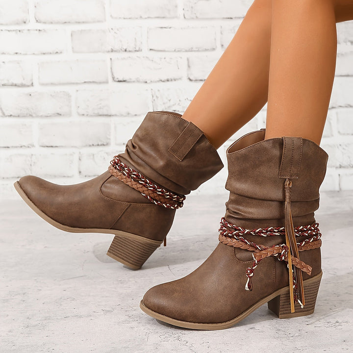 Levoire | Bottes Cowboy Pour Femmes Avec Pompon Et Sangle Tressée Braun