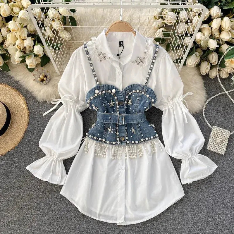 Levoire | T-shirt avec des manches bouffantes, ornée de strass, et un top à volants ainsi qu'un gilet avec des pendentifs en perles, ensemble à deux pièces Blanc Taille moyenne