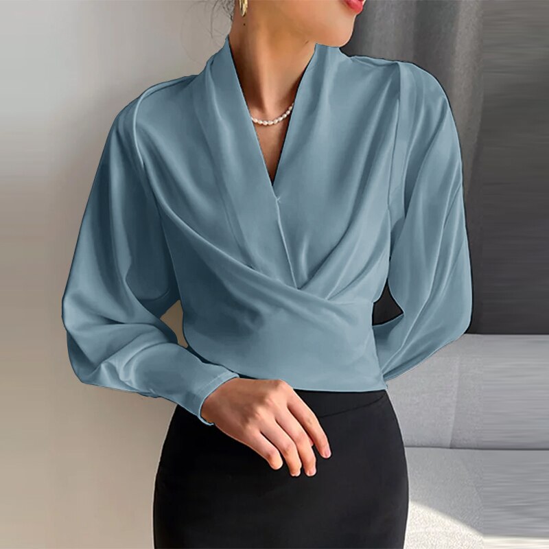 Levoire | Élégante Chemise Femme Drapée À Manches Longues Bleu