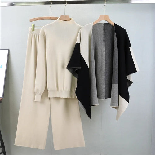 Levoire | Pull À Manches Longues, Châle Enveloppant Avec Pantalon Large, Ensemble Trois Pièces