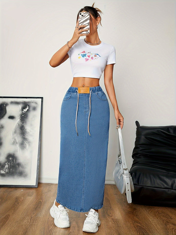 Levoire | Lavé Bleu Maxi Jean Jupe Avec Dos Fendu Et Ceinture À Nouer