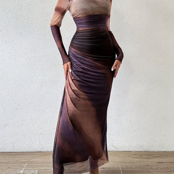 Levoire | Robe Maxi Froncée Et Ajustée Avec Motif Tie-Dye, Élégante Robe À Manches Longues Avec Encolure Ronde Pour Le Printemps Et L'Automne, Vêtements Femme Couleur café