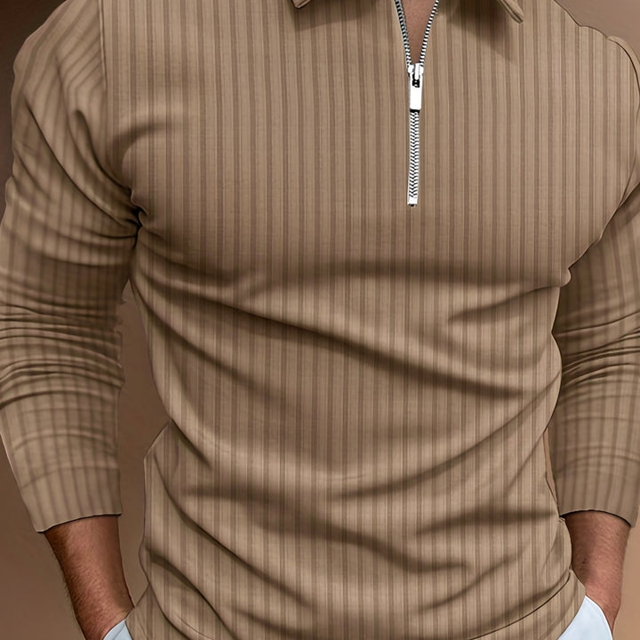 Levoire | Rayures Verticales Chemise Pour Hommes Avec Zip Et Manches Longues Couleur kaki