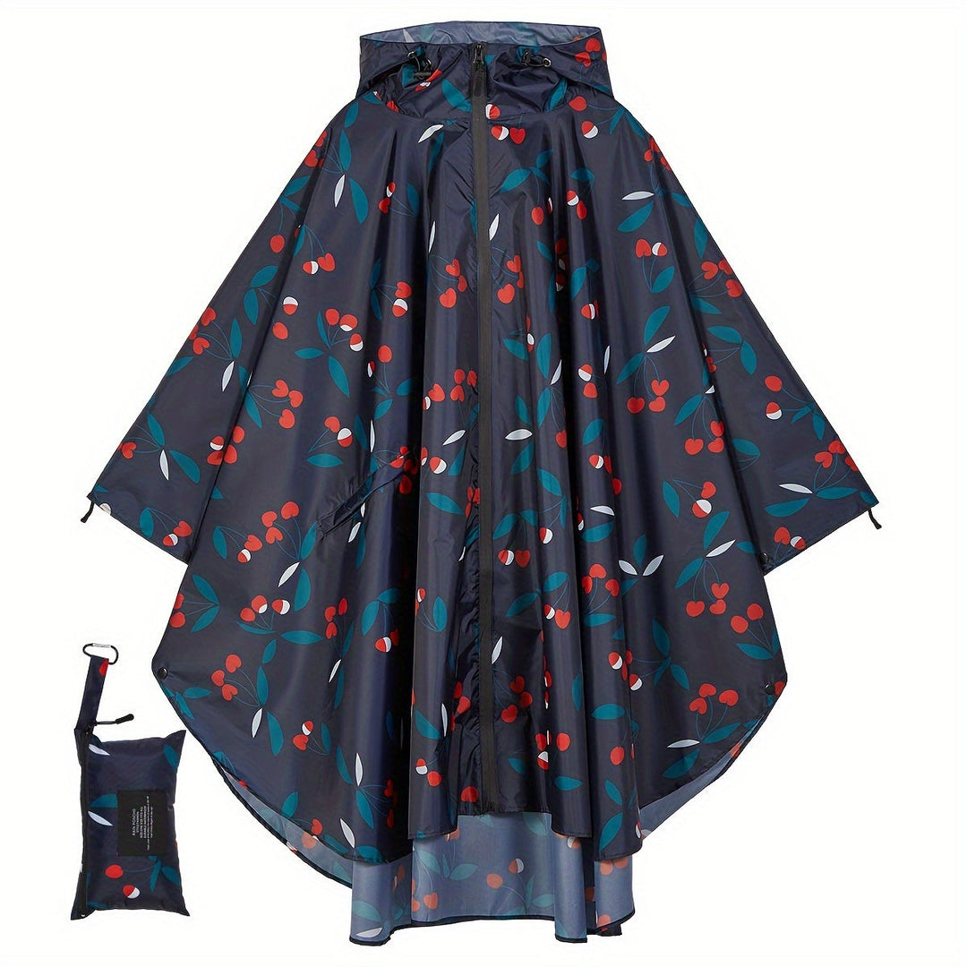 Levoire | Poncho De Pluie Imperméable À Motif Floral Avec Capuche Et Poche Zippée Cerise