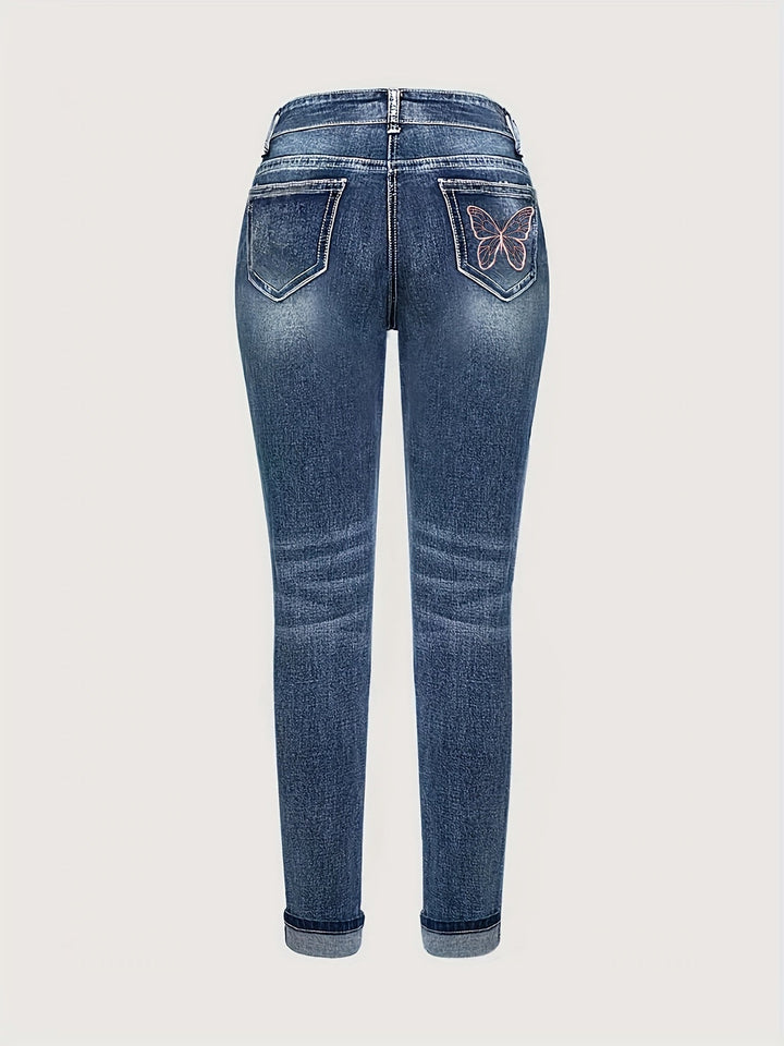 Levoire | Pantalons En Denim Slim Fit Avec Broderie De Papillon Extensible Et Jambes Droites