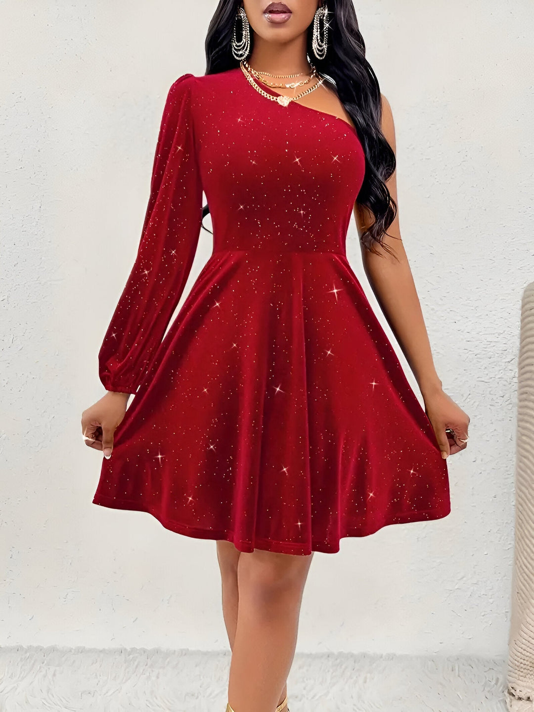 Levoire | Robe Chemise Élégante À Épaule Dénudée Avec Volants Rot