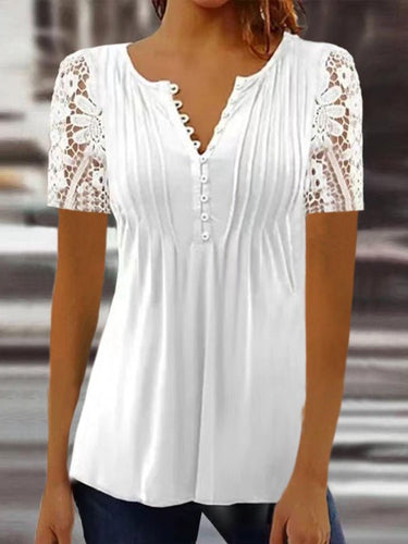 Levoire | Vêtements de mode nouveau t-shirt femme avec des manches pointues, plissé, uni, avec des boutons