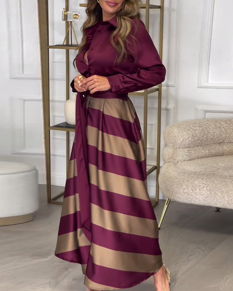Levoire | Robe Élégante À Rayures Imprimées Avec Revers Et Ceinture