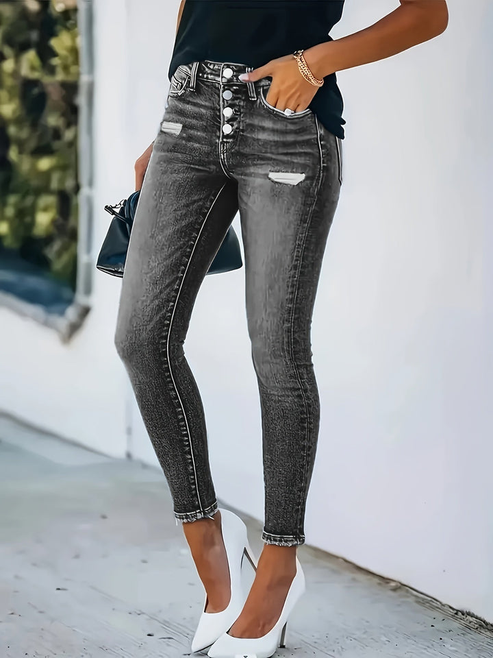 Levoire | Pantalon Skinny Déchiré Avec Base À Franges Et Motifs Combinés Noir