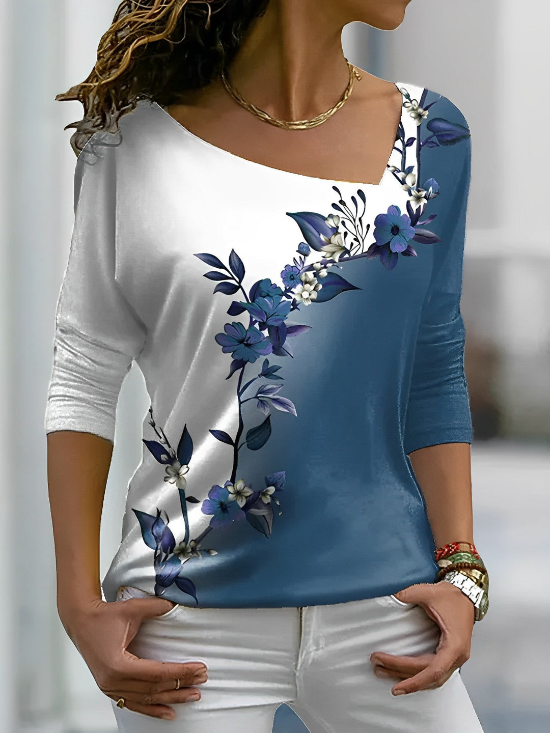 Levoire | T Shirt floral à couleurs contrastées Bleu