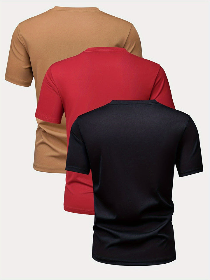 Levoire | Setti 3 T-Shirts Pour Hommes À Manches Courtes Et Col Rond Noir+rouge+Café