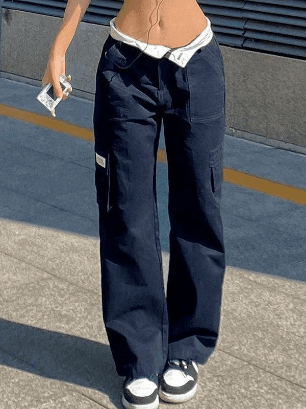 Levoire | Pantalons Taille Haute Y2K Droite À Revers Marine bleu
