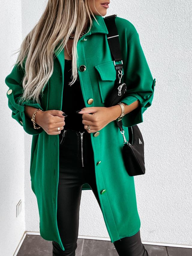 Levoire | Élégant Tendance, Long Chemisier Avec Look Laine Pour Femmes Vert