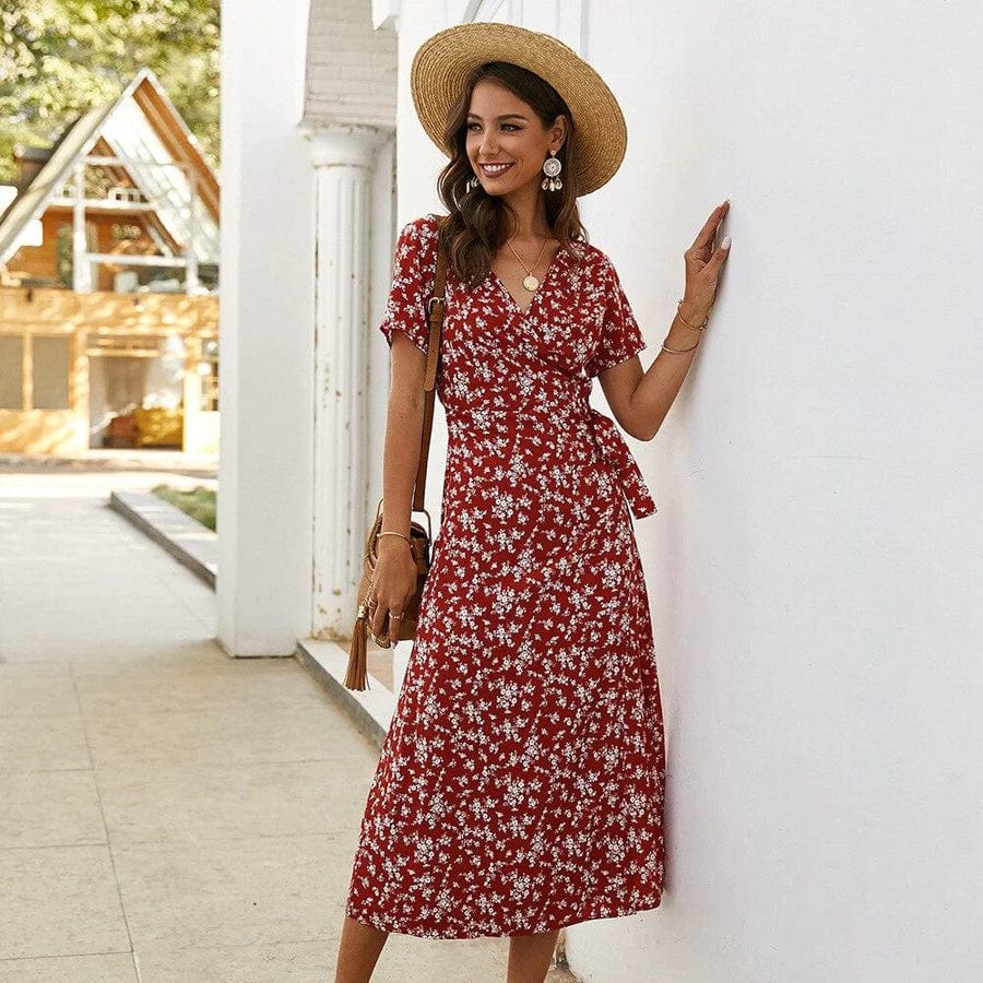 Levoire | Robe Mi-Longue Fleurs Rouges Pour Femmes Amara