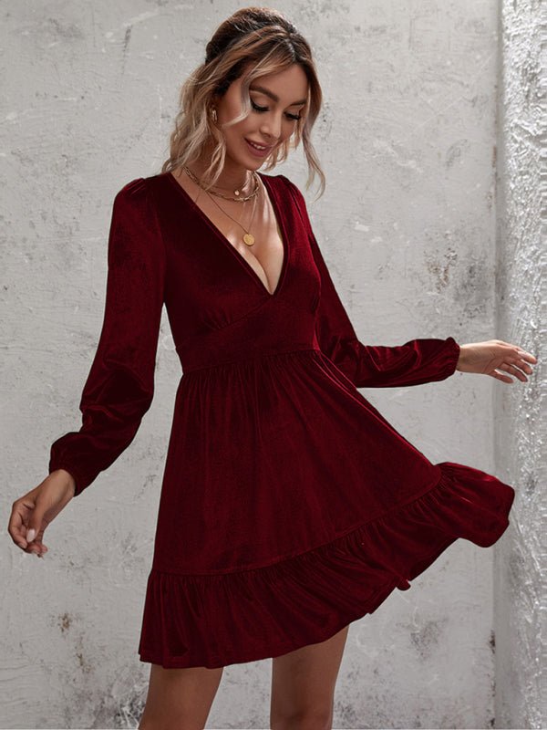 Levoire | Velours doré profond robe à décolleté en V à manches bouffantes en argent-larche