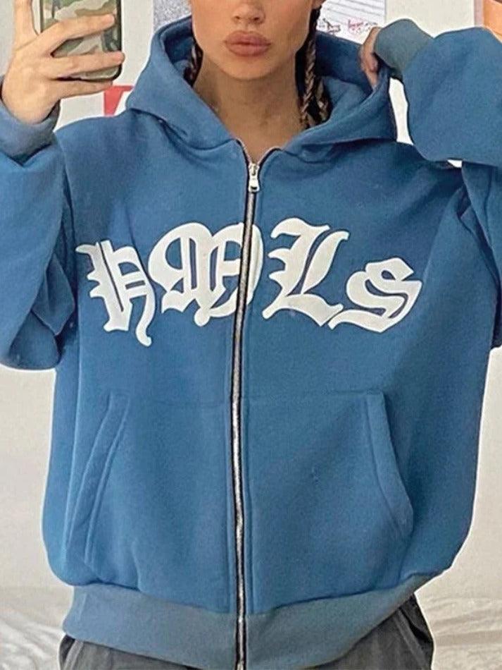 Levoire | Sweat À Capuche Zippé Graphique Lettre Gothique Bleu