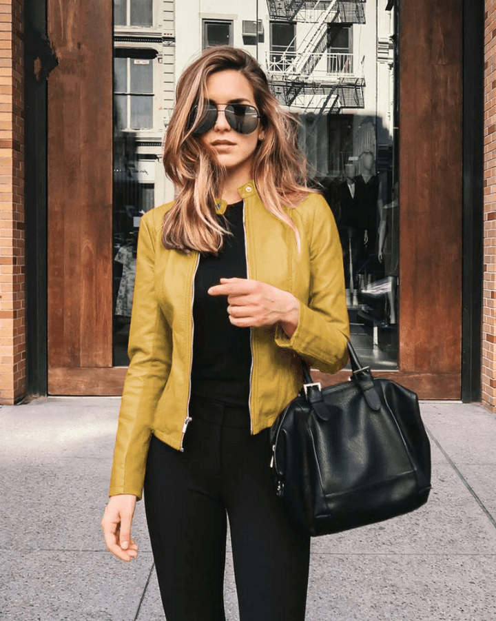 Levoire | Veste Femme Slim Fit Veste en Cuir Femme Parfaite Pour L'Automne Tendance & Décontractée Jaune