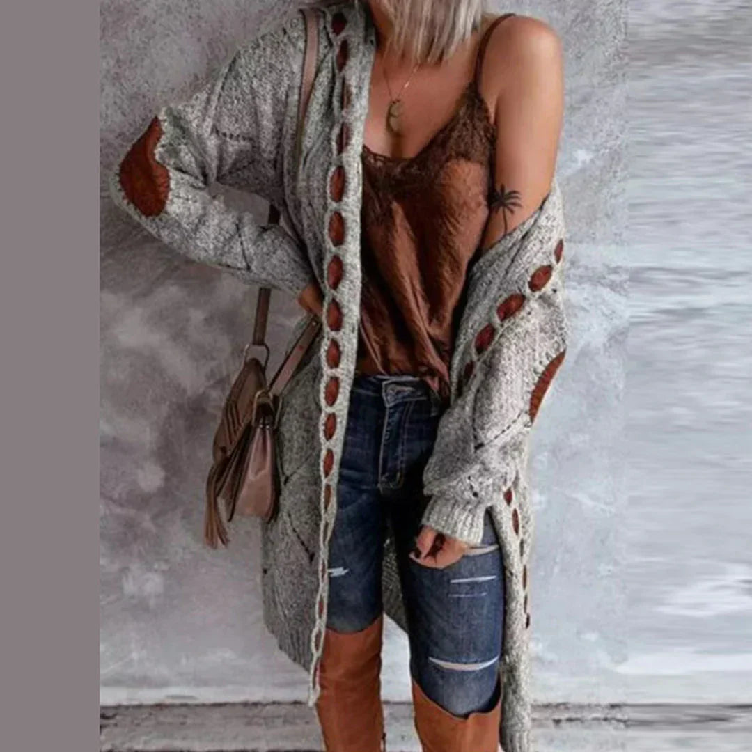 Levoire | Pull À Capuche Tricoté Tendance Cardigan Avec Patchs Contrastés Gris