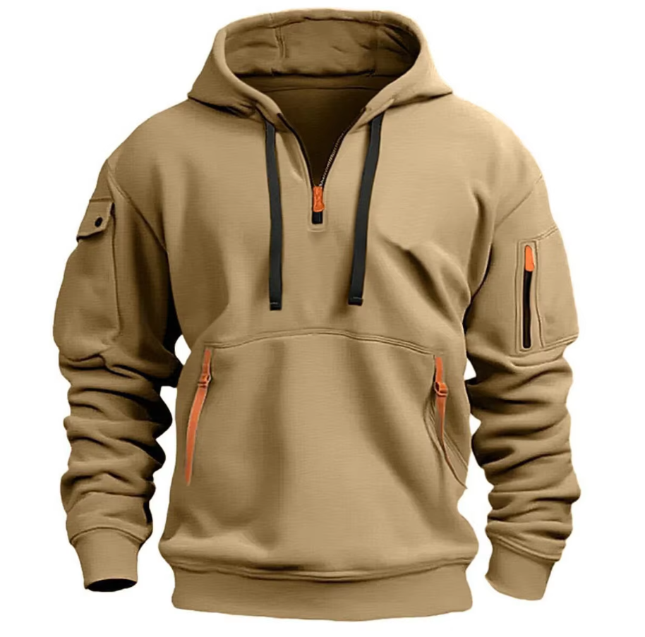 Levoire | Sweat À Capuche Zippé Demi À Manches Longues Avec Poches Khaki