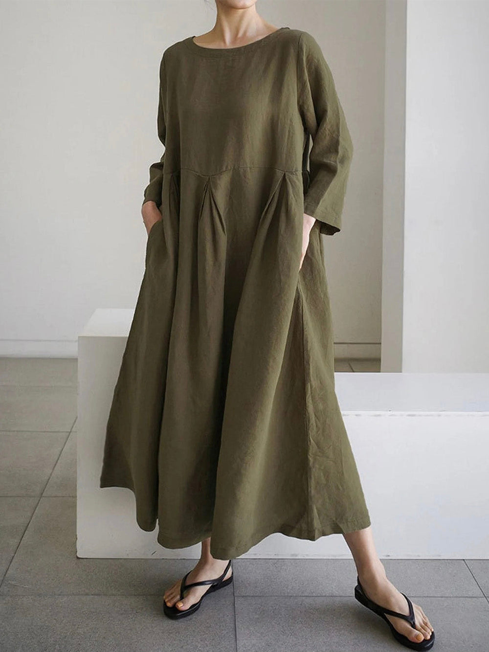 Levoire | Robe En Lin Décontractée Avec Poches Latérales Olive
