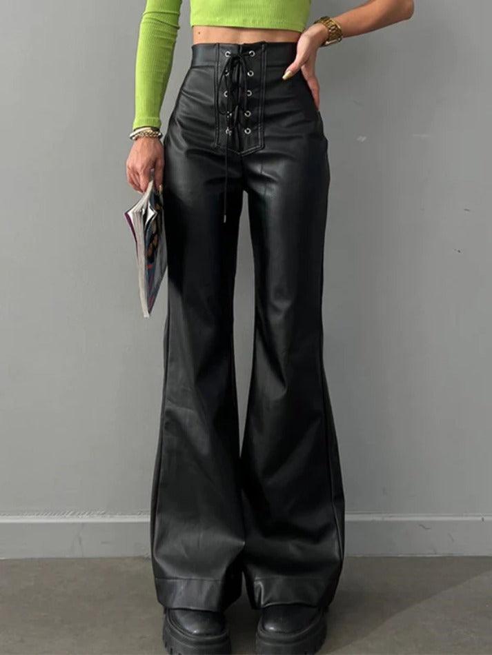 Levoire | Pantalon En Cuir Évasé À Taille Haute Avec Lien Noir