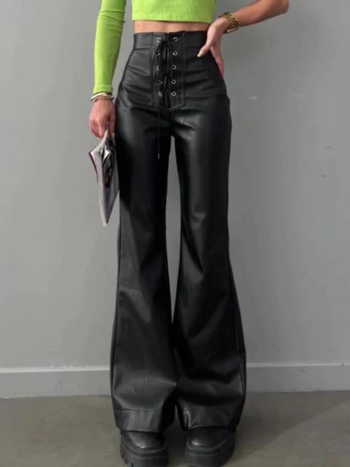 Levoire | Pantalon En Cuir Évasé À Taille Haute Avec Lien