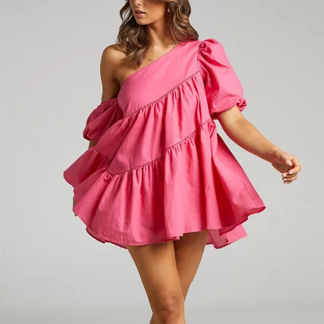 Levoire | Robe Mini À Épaule Dnce Avec Manches Bouffantes Pour Femmes Rosa
