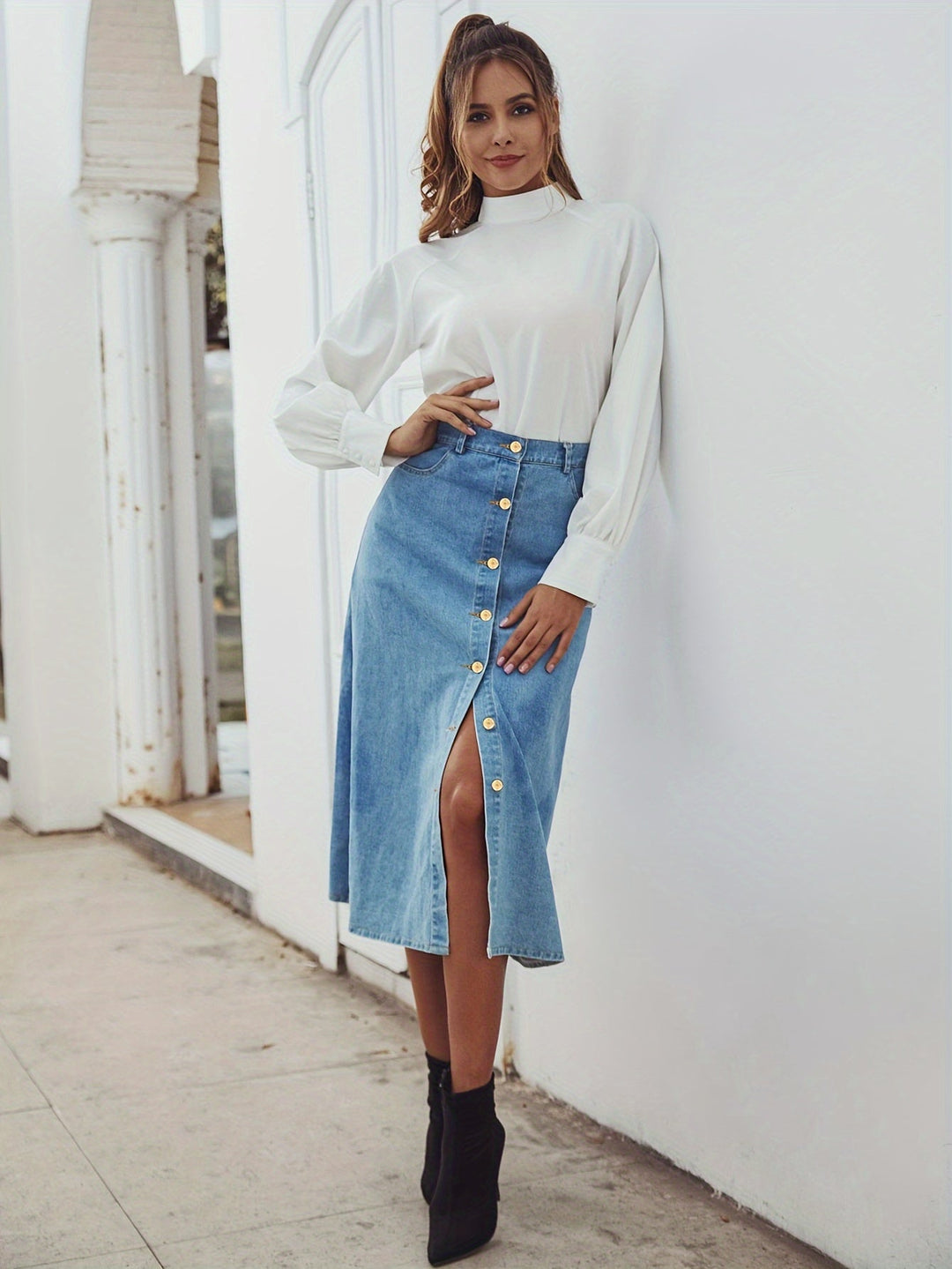 Levoire | Jupe En Denim Midi Élégante Avec Bouton