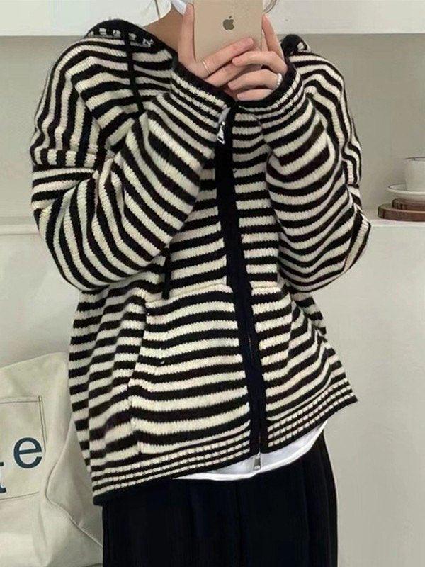 Levoire | Veste À Capuche Rayée En Tricot À Manches Longues Noir Taille unique