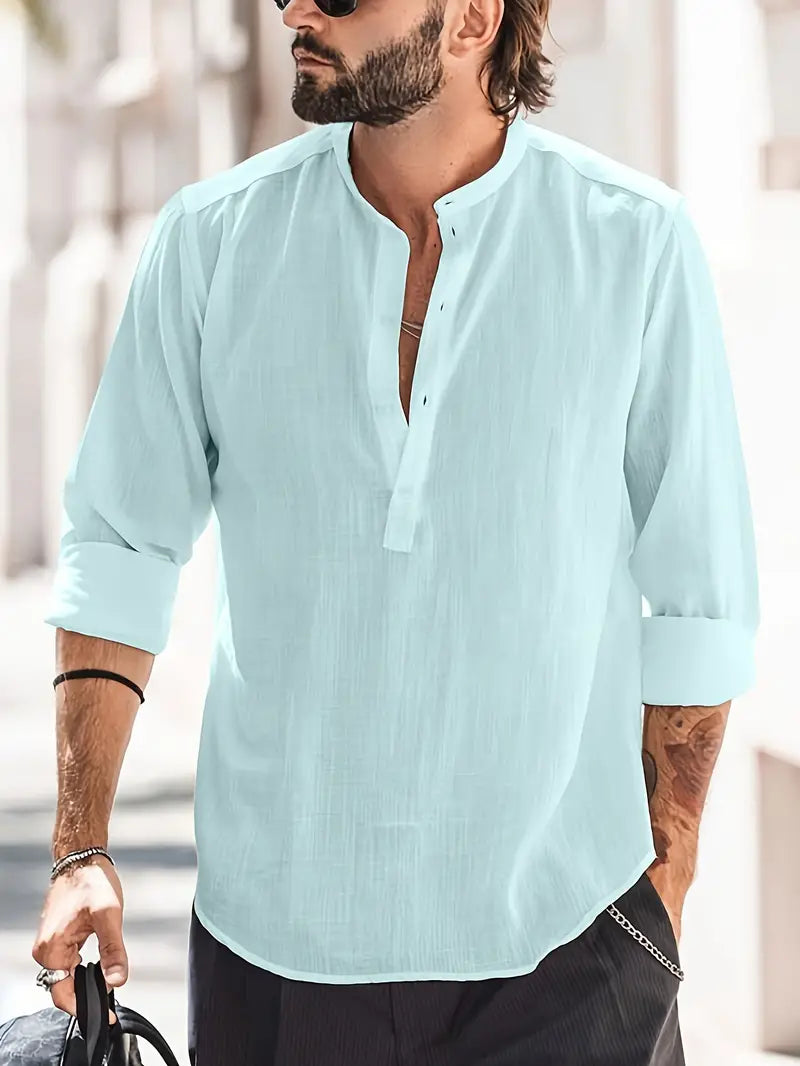 Levoire | Chemise En Lin Pour Hommes Chemise À Manches Longues Légère Pour L'Été Et Les Loisirs Bleu