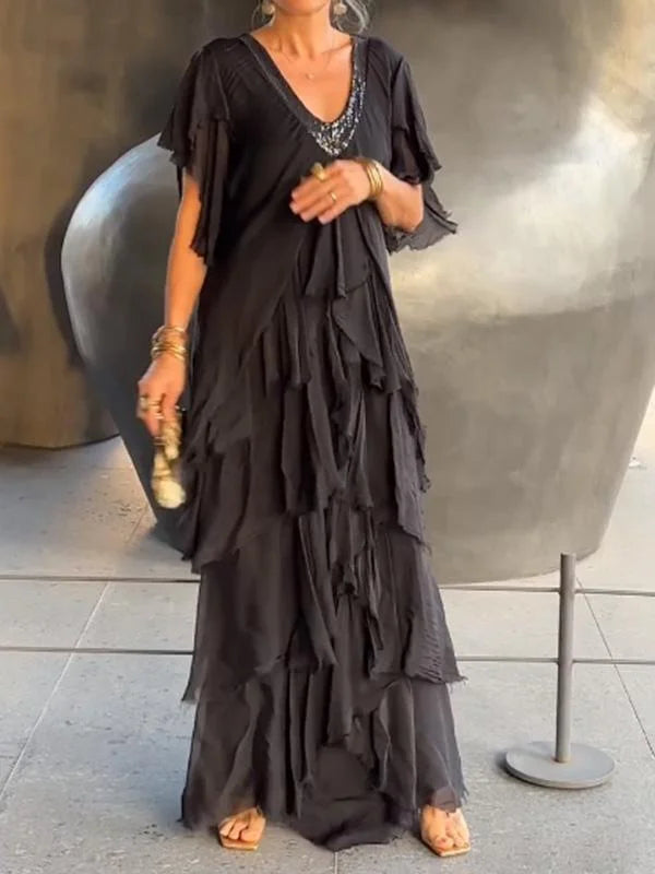Levoire | Robe Longue Élégante Avec Motif Floral Noir