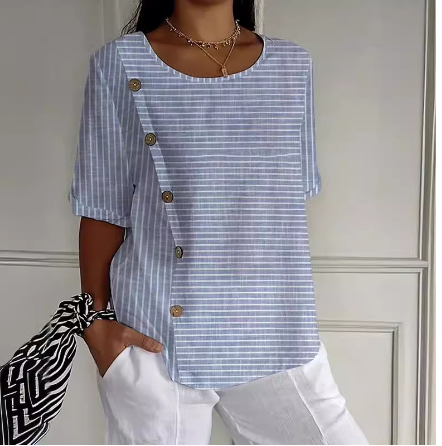 Levoire | Chemise boutonnée décontractée pour femme, en coton et lin imprimé Bleu